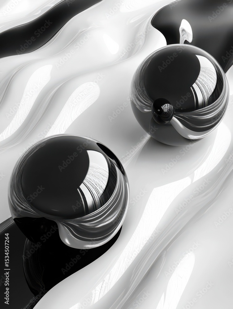 Poster background with black and white glossy spheres on the current wavy surface. a minimalistic and abstr