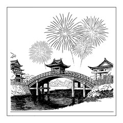 Obraz premium Spectacular Fireworks Exploding Above Japanese Traditional Bridge Black and White Outline Line Art Drawing