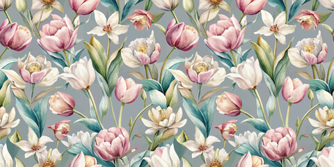 A vibrant floral pattern featuring pink and white tulips on a soft grey background.