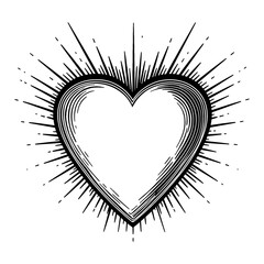 Beautiful Love Heart Shape with Radiating Sunburst Rays Black and White Outline Line Art Drawing Illustration
