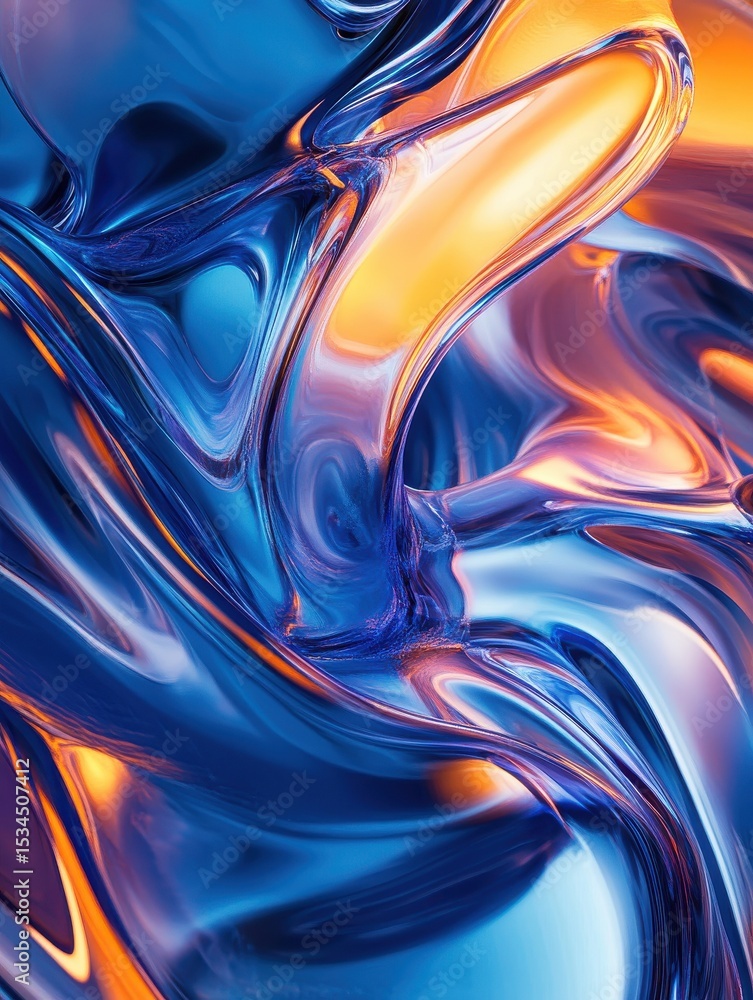 Poster glossy abstract waves in vivid blue and orange tones harmonizing in a dynamic flow. generative ai