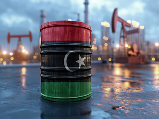 oil barrel with the Libyan flag painted on it. The industrial setting suggests themes related to oil production and export.