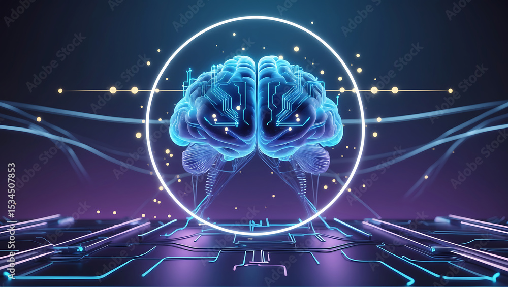 Poster conceptual digital representation of artificial intelligence and brain activity with glowing neon li