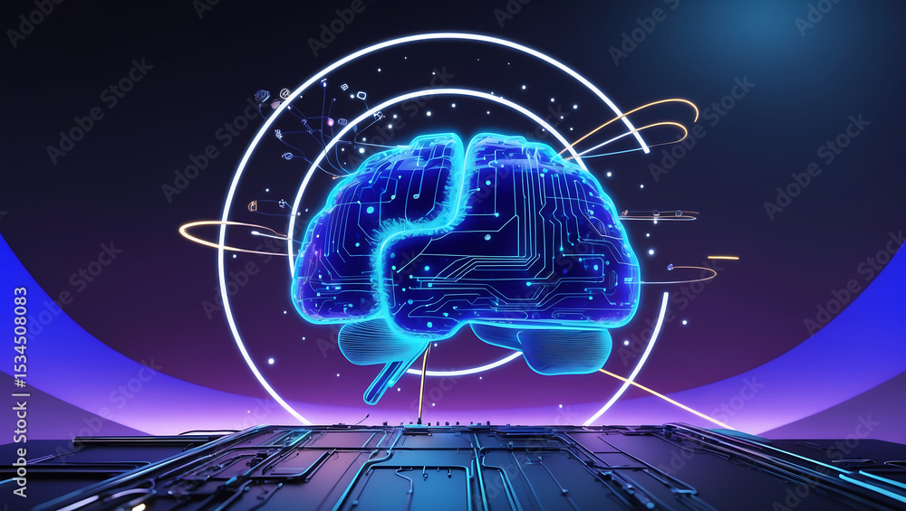 Poster digital representation of human brain with circuitry illustrating artificial intelligence and techno
