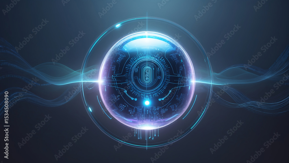 Poster digital technology abstract visualization of a glowing orb and flowing light waves concept