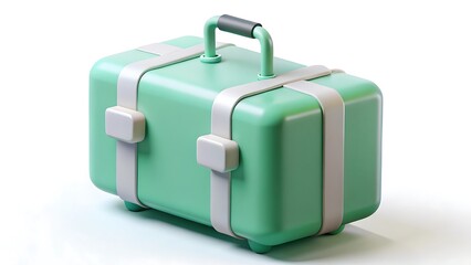 Modern 3d rendered green suitcase with white straps and handle on a clean white background for travel and vacation concepts