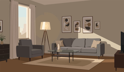 Modern living room with sofa, table, carpet, plants and other decor. Vector flat illustration of interior design and furniture