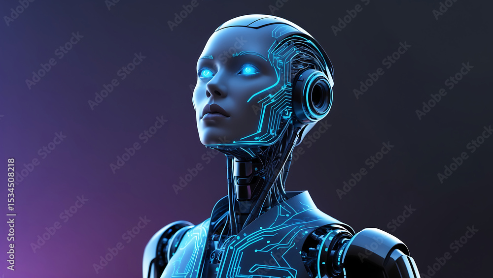 Poster futuristic artificial intelligence portrait of a female robot with glowing circuitry features