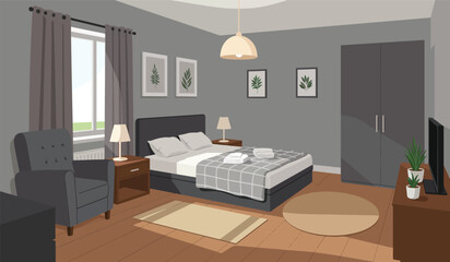 Cozy bedroom interior. Comfort room, flat cartoon living apartment with window. Sleep furniture, modern bed table mirror recent illustration