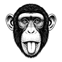 Fototapeta premium Expressive Monkey Face with Tongue Out Black and White Outline Line Art Drawing Vintage Engraving Sketch