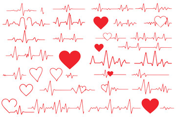 Red heartbeat line collection with heart symbol, cardiology, medical pulse, ECG, EKG design, healthcare clipart vector illustration, health monitoring, digital heartbeat graphics