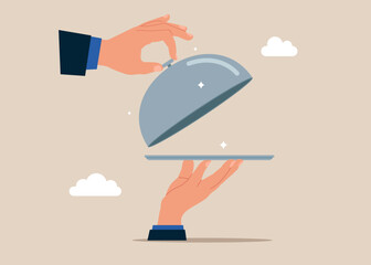 Businessman or waiter with cloche. Food serving. Flat vector illustration