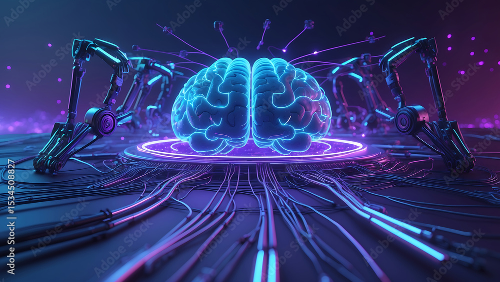 Poster futuristic depiction of artificial intelligence and the interconnected brain with robotic arms.