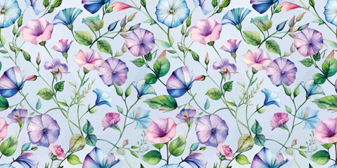 Beautiful watercolor floral pattern featuring morning glories in soft pastel colors.
