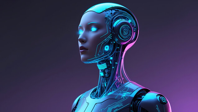 Futuristic female android portrait depicting artificial intelligence with glowing digital features