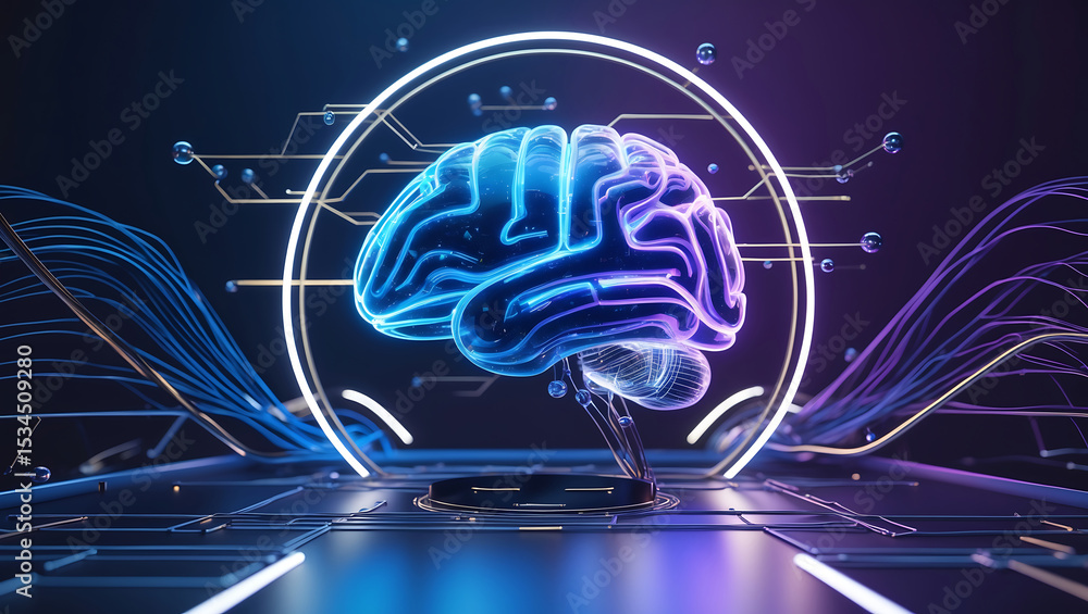 Poster futuristic glowing human brain with digital circuits representing artificial intelligence concepts