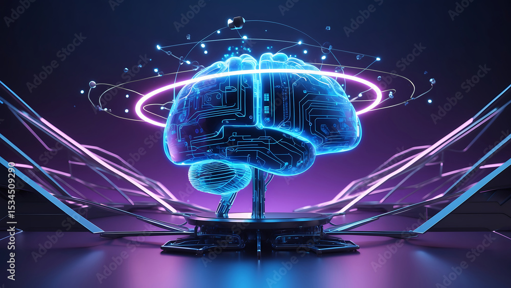 Poster futuristic illustration of a glowing artificial intelligence brain with digital circuit board struct