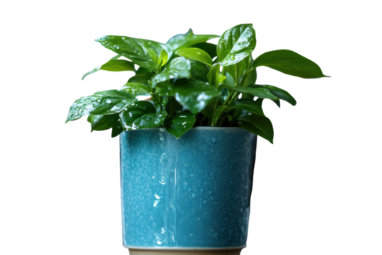 A vibrant green plant flourishes in a textured light blue ceramic pot conveying growth and on transparent background