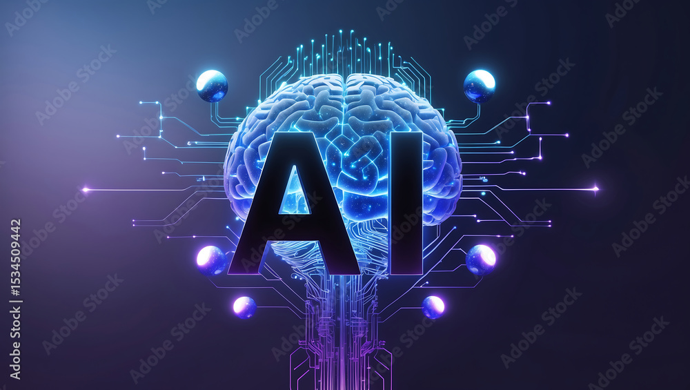 Poster futuristic illustration of artificial intelligence with brain technology circuitry and modern concep
