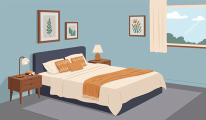 Cozy bedroom interior. Comfort room, flat cartoon living apartment with window. Sleep furniture, modern bed table mirror recent illustration