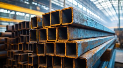 A close up view of stacked square metal tubes showing their rusty texture in a factory setting indoors