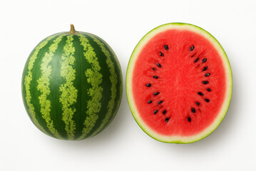 Flat lay of watermelon with cut in half isolated on white background. Clipping path.