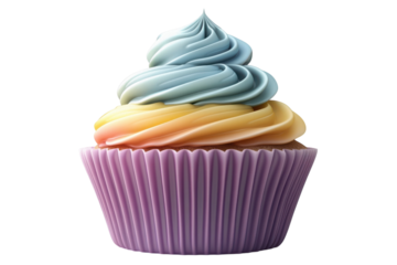 A whimsical cupcake topped with swirling rainbow frosting a sweet treat inviting delight and on transparent background