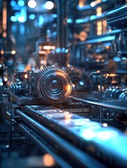 Fototapeta premium High tech industrial equipment with polished metal gear, under soft blue lighting in a manufacturing plant environs