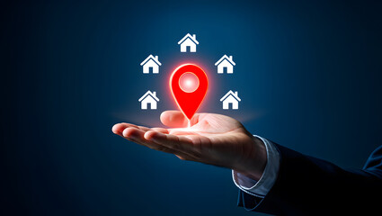 Businessperson presenting real estate opportunities with location marker and home icons