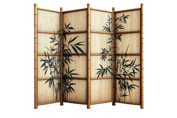 An elegant bamboo screen evoking tranquility with stylized black bamboo leaves hand painted on on transparent background