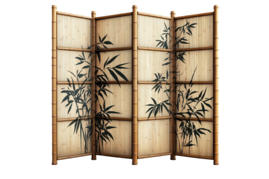 An elegant bamboo screen evoking tranquility with stylized black bamboo leaves hand painted on on transparent background