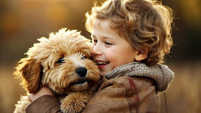 Boy plays with puppy in autumn park capturing joyful moments of childhood