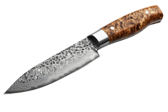 An exquisite Damascus steel knife reflecting ancient craftsmanship and modern design on transparent background