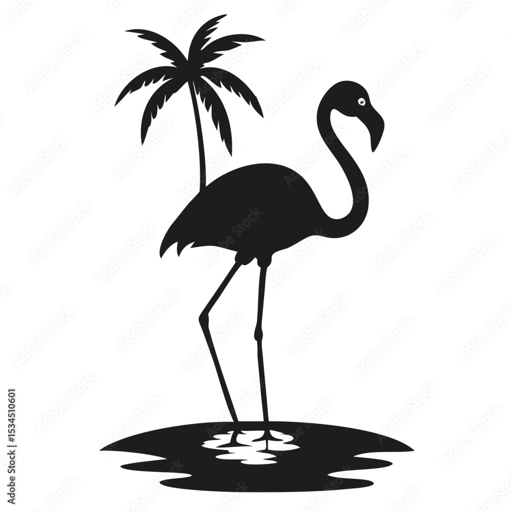 Poster silhouette of a flamingo standing near a palm tree on a small island in black and white style design