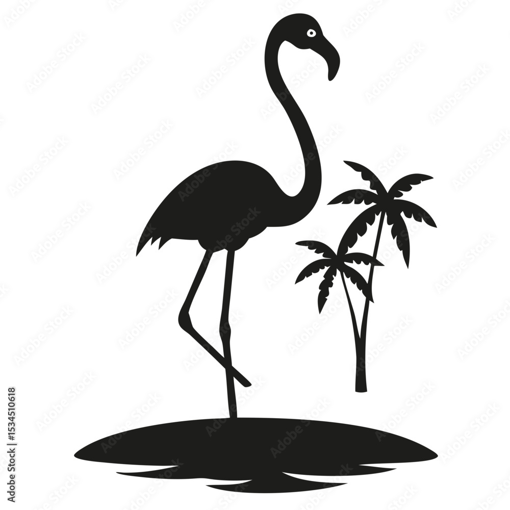 Poster silhouette of a flamingo standing on one leg with palm trees against a white background design eleme