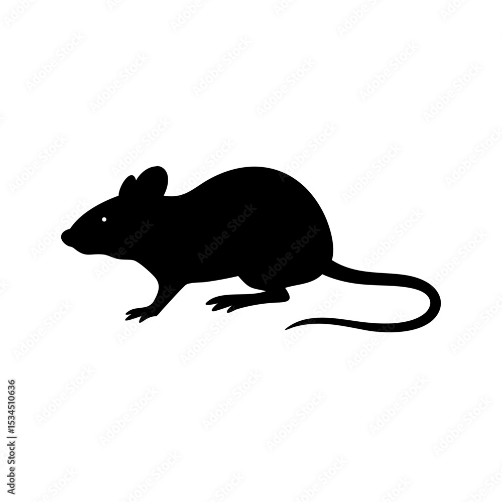 Poster silhouette of a rodent with a long tail shown in profile against a white background in a simple grap