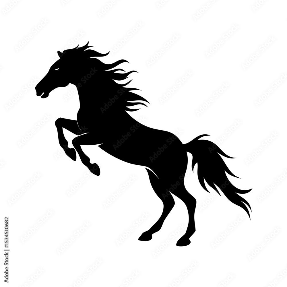 Poster silhouette of a rearing horse with flowing mane and tail against a white background in a simple desi