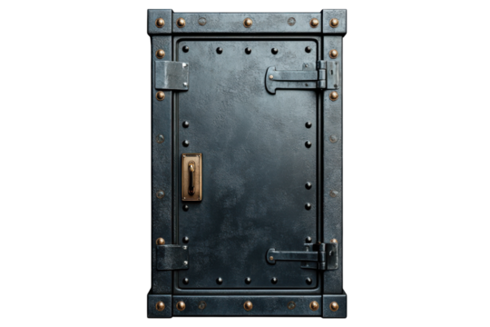 An imposing steel vault door weathered and secured hinting at untold stories of secrets and on transparent background