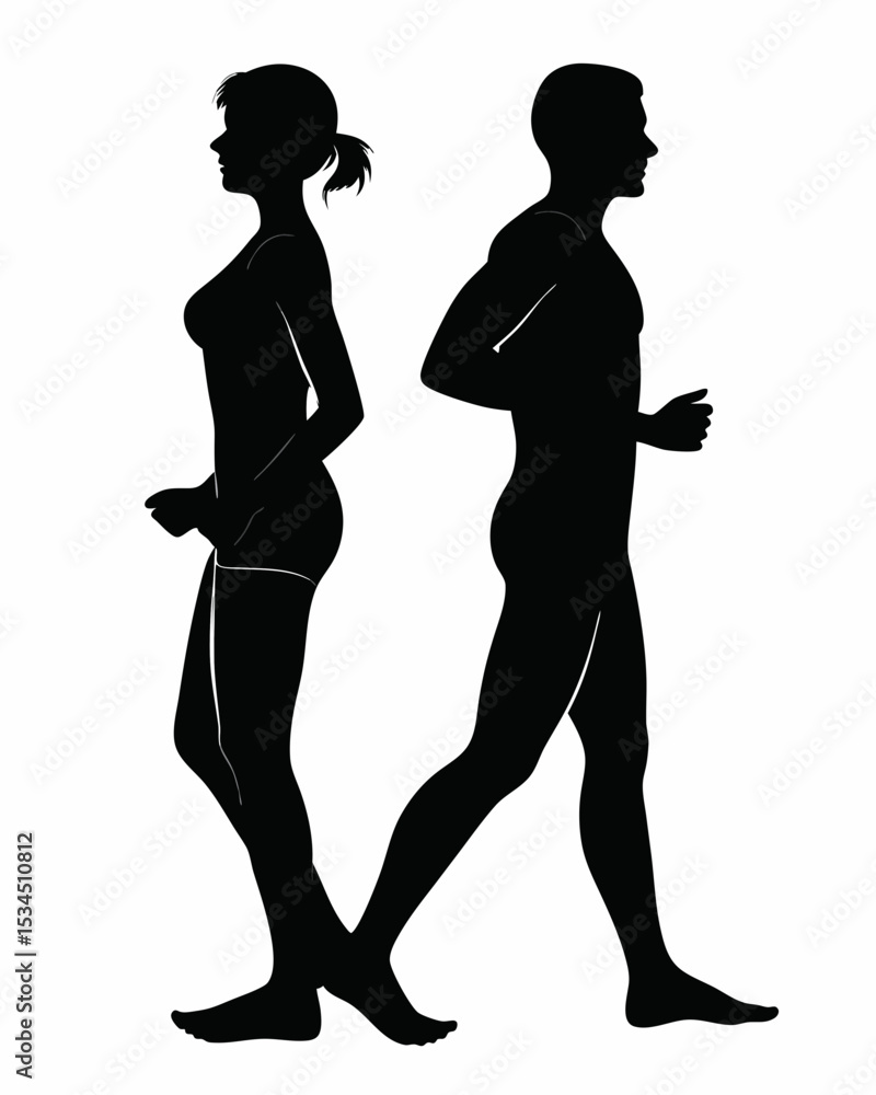 Poster silhouette of a woman and man standing back to back against a white background in a studio setting c