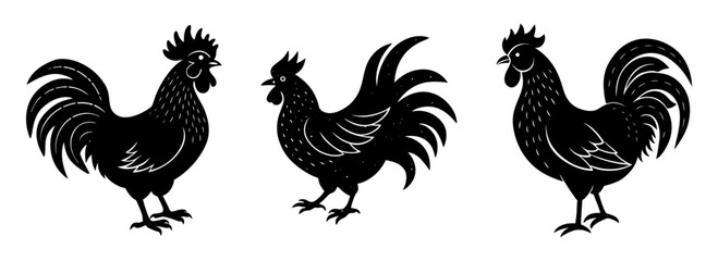 Silhouette set of three graphic rooster illustrations farm animal poultry bird design art © stockpoint