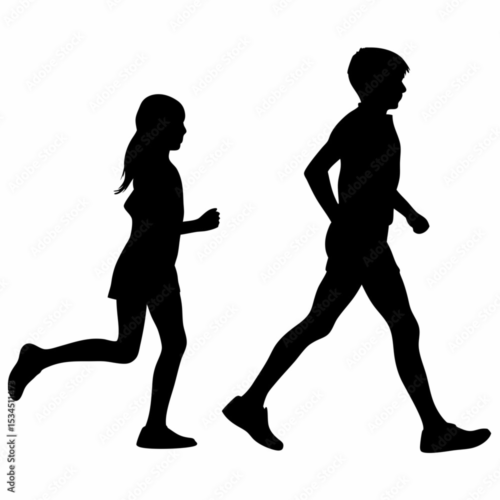 Poster silhouette of a girl running and a boy walking forward in a black and white vector graphic image cre