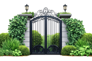 Enchanted wrought iron gate guarded by lush greenery inviting entry to a secret garden with on transparent background