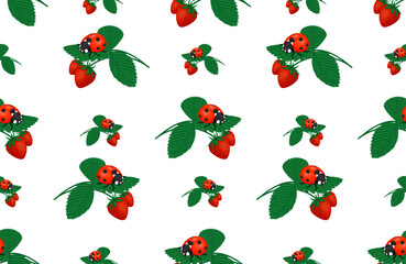 Seamless repeating pattern, ladybug on a branch of red strawberries on a transparent background, perfect for backgrounds, textiles, paper. Seamless pattern. Vector illustration.