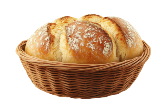 Freshly baked sourdough bread resting in a rustic woven basket ready to be shared with loved on transparent background