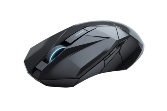 Futuristic gaming mouse with blue LED accents engineered for precision control in esports on transparent background