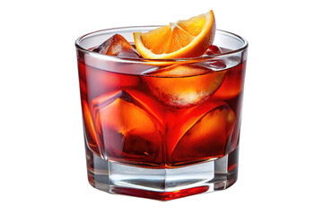 Negroni cocktail in rocks glass with ice and orange slice isolated on transparent background