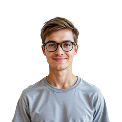 Fototapeta premium Smiling Young Man with Glasses and Casual Attire Posing Against a White Background in Natural Lighting