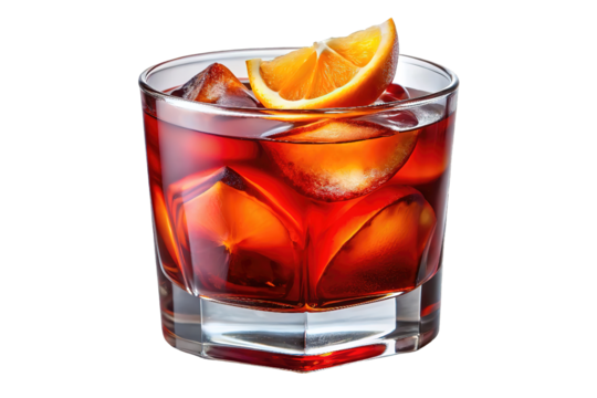 Negroni cocktail in rocks glass with ice and orange slice isolated on transparent background