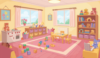 Kindergarten or preschool activities. Сhildren playing with cars, drawing and make crafts. Cartoon bundle, vector illustration. Modern room with furniture, sunlight from window.