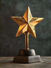 Golden Star Award Trophy on Wooden Table, Award, Trophy, Recognition, Achievement